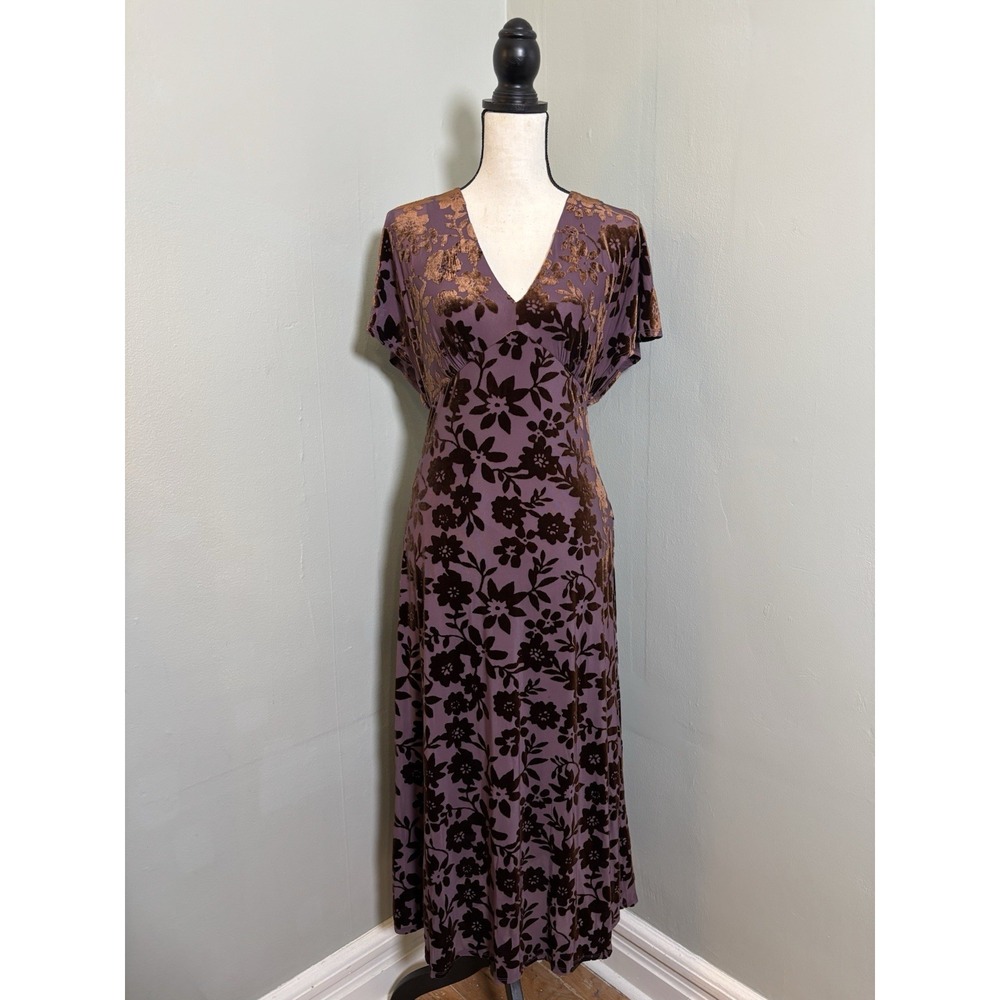 Taylor Flocked Velvet Floral Maxi Dress XS Whimsigoth Romantic Purple Brown